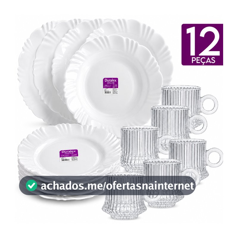 Kit 12 Peças Duralex Opaline 6 Pratos Petala Fundo Vidro Branco e 6 Xícaras Robust Canelada Buffet