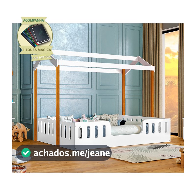 Cama Casal Infantil Casinha Montessoriana Ágatha - Branco/Mel Incluso Lousa Mágica
