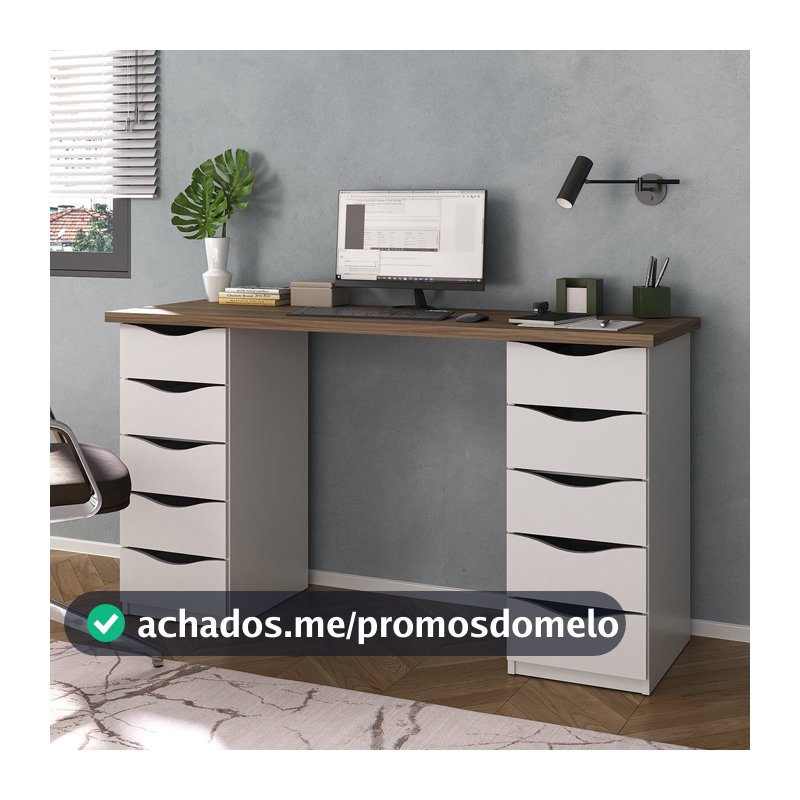 Escrivaninha Mesa Escritório Minimalista com Due 10 Gavetas 136cm Nogal e Branco Artany Nogal/Branco