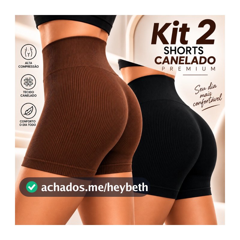 Kit 2 Shorts Canelado Cintura Alta Sem Costura para Academia Zero Transparencia Feminino Fitness Alta Compressão