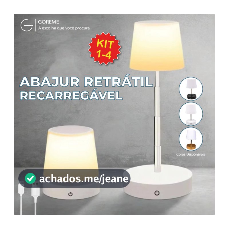 Abajur LED Recarregável Retrátil de Aço Luz Neutra Ajustável 3 Tons USB Sala/Escritório/Quarto