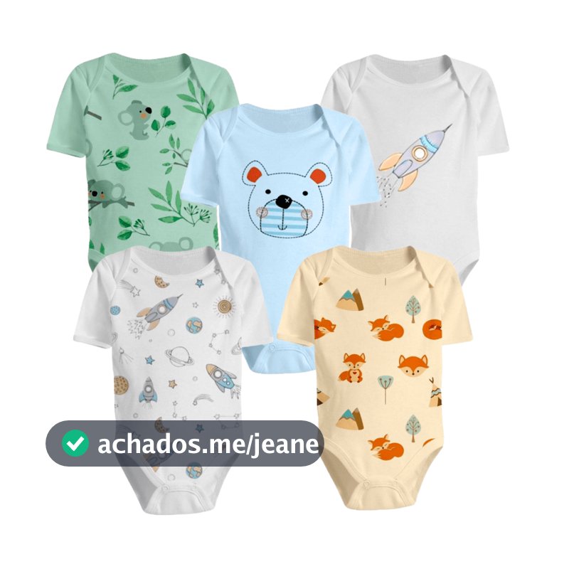 Kit 5 Bodys Estampado ou Liso Roupa Bebê Manga Curta Menino e Menina