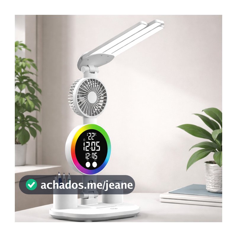 Luminária de Mesa Touch com Ventilador Display Digital Relógio Alarme USB Ajustável 180° 3 Modos de Luz ON-LM312