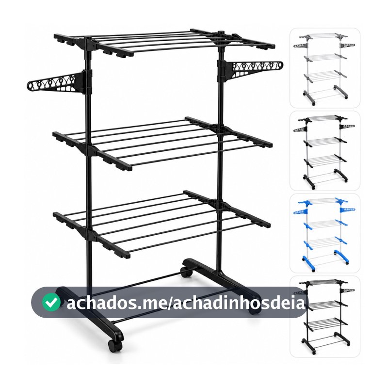 Varal De Chão De Roupas 3 Andares Dobrável Grande 4 Rodas