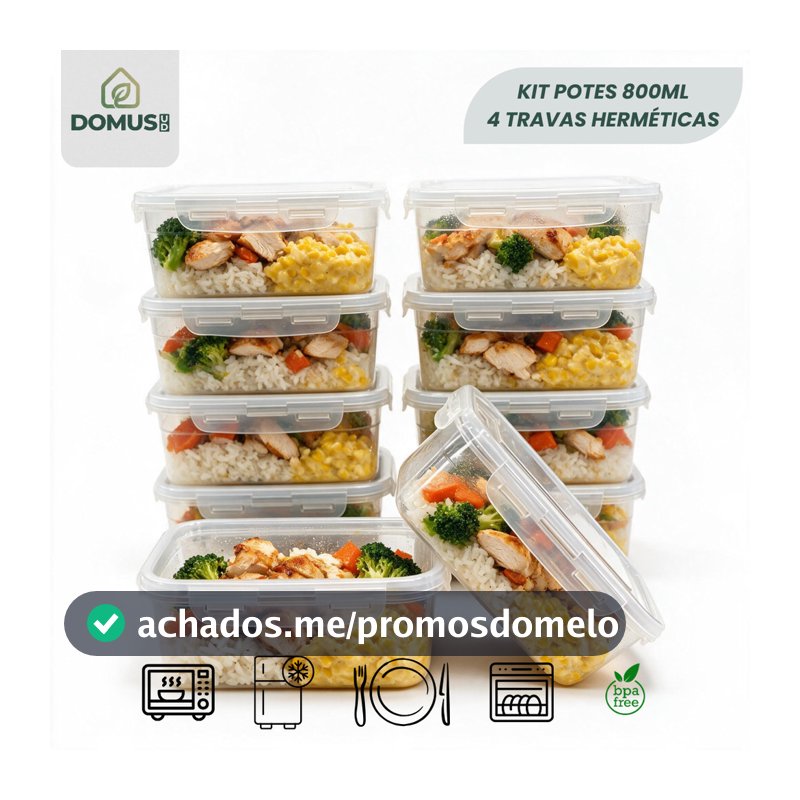 Kit Potes 800ml Marmita Fit com 4 Travas Transparente BPA Free Reutilizável