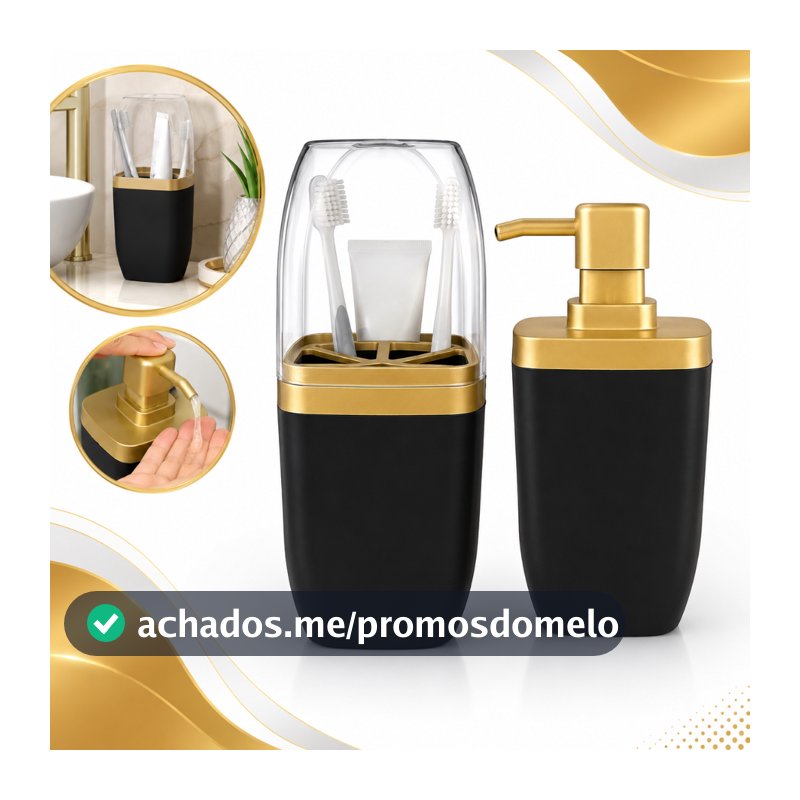 Kit Banheiro Lavabo 2 Peças Premium Luxo Moderno Dispenser Sabonete Liquido Porta Escova De Dentes