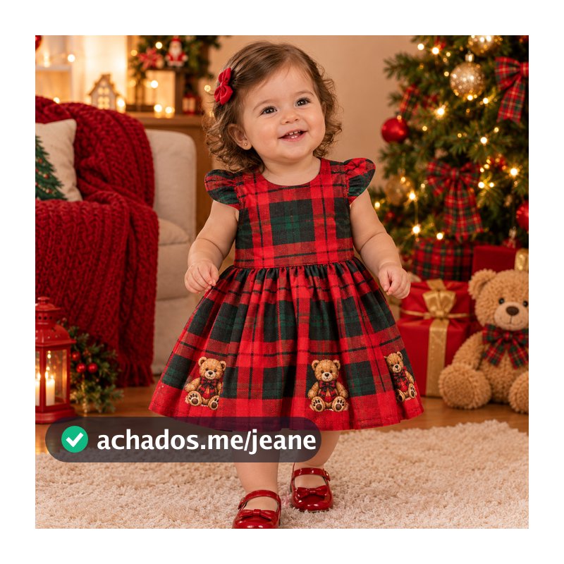 Vestido para Bebê Menina Estampado Natal Encantado Xadrez