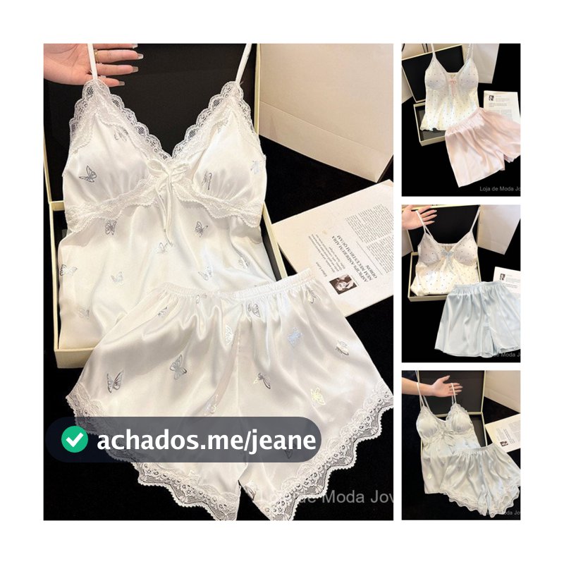 Conjunto Pijama Feminino de Cetim com Estampa de Borboleta, Alça Fina, Renda e Bojo, Camisola + Shorts