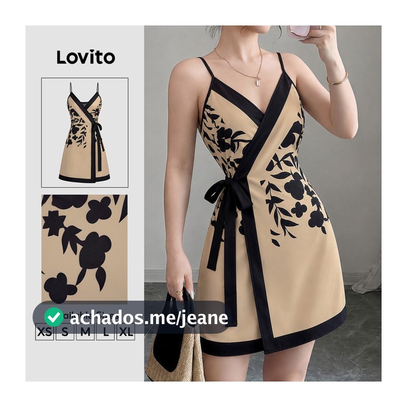 (New Arrival) Lovito Vestido Casual Feminino com Laço e Tule de Renda em Bloco de Cores Primavera/verão cáqui DRK9P1D597