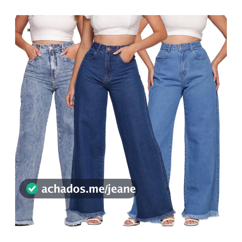 Calça Jeans Feminina Cintura Alta Wide Leg Com Bolso