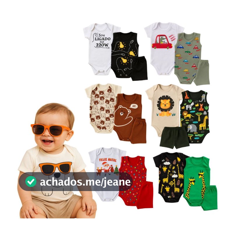 Kit 3 Peças Body Bebê Menino Verão Body Curto e Regata e Short Roupa Bebê Menino Verão Algodão
