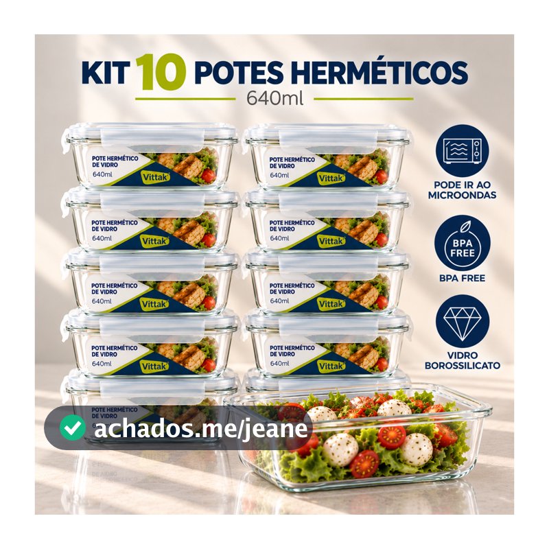 Vittak Kit 10 Potes de Vidro 640ml Hermético Marmita Fit com Tampa 4 Travas