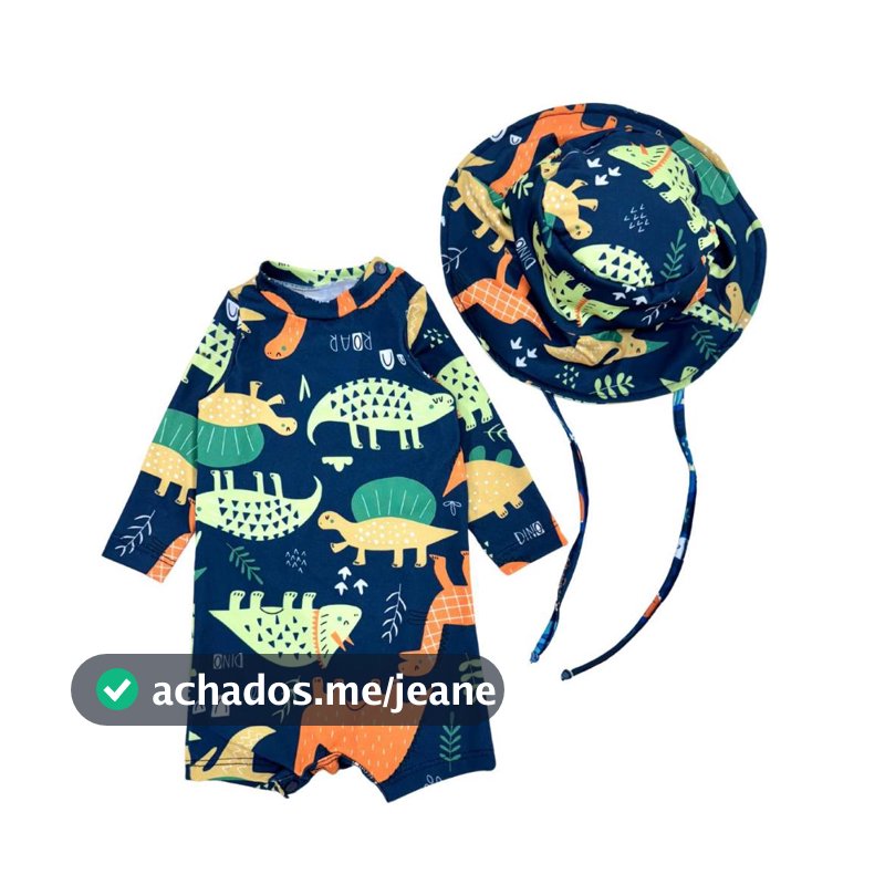 Macaquinho + Chapéu Proteção Solar Uv Praia Verão Menino Menina Roupa de Banho Piscina Bebê