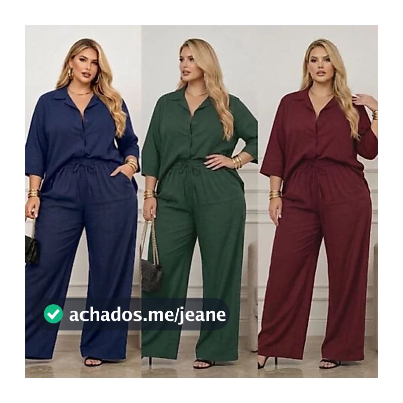 Conjunto Viscolinho Plus Size Calça Pantalona Forrada + Camisa de Manga Comprida Elegante
