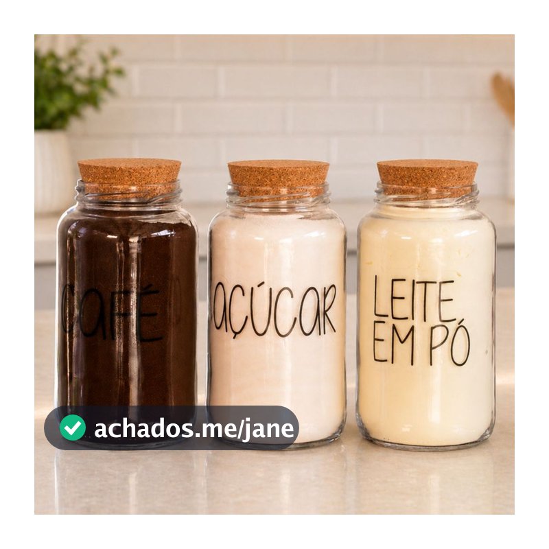 Kit Cantinho do Café + Açúcar + Leite em pó | 3 potes de Vidro 810 ml + tampa rolha cortiça| Pote Mantimento