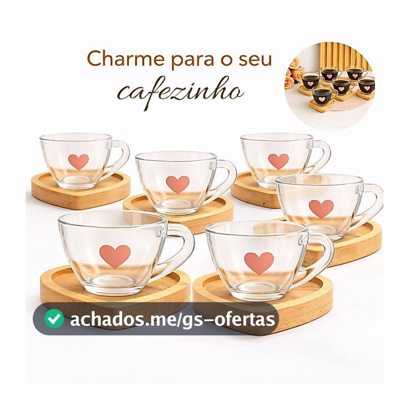 Jogo de Xícaras de Café com Pires de Madeira Coração Cantinho do Café Kit Presente Feminino
