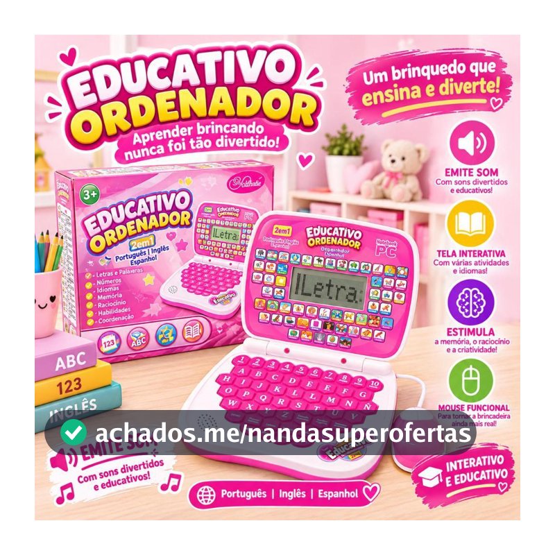 Computador Infantil Educativo com Mouse e Som – Brinquedo 2 em 1 Letras, Números, Palavras e Idiomas