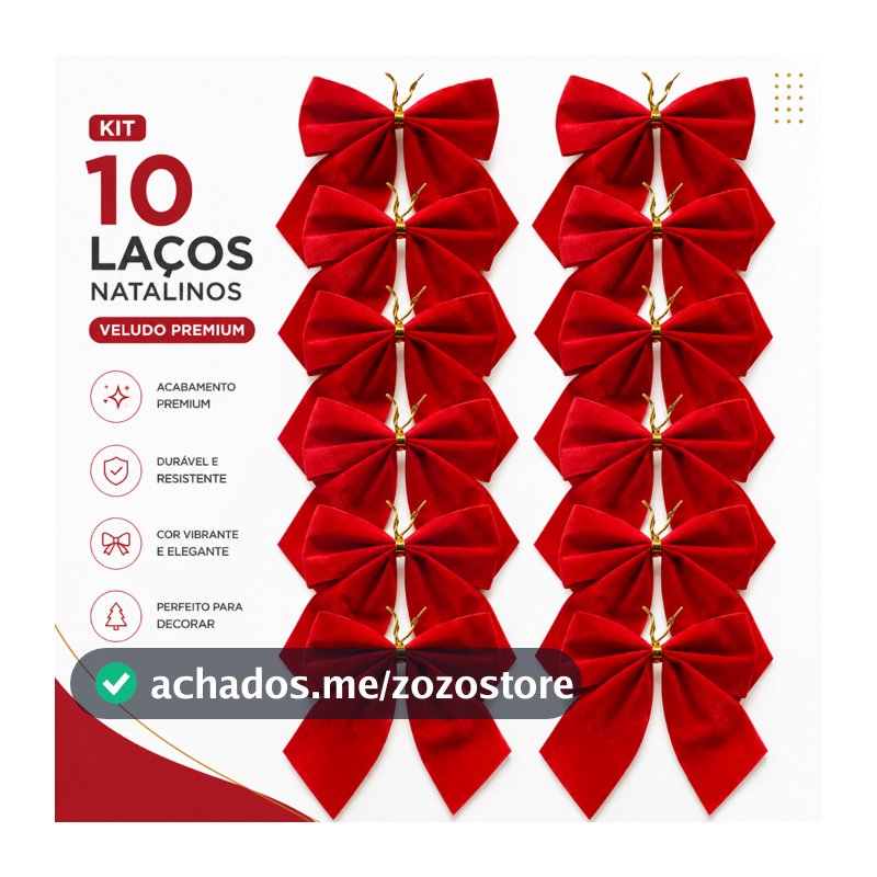 Kit 10 Laços Natalinos Vermelho Veludo Premium para Árvore de Natal Guirlanda Enfeites Decoração Festas