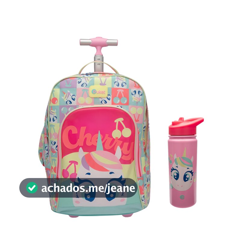 Kit Mochila Escolar Grande Com Rodinha e Garrafa Térmica Unicórnio Puket