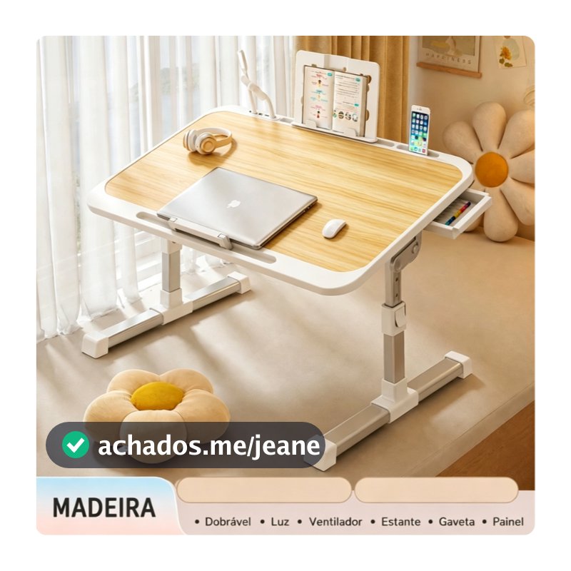Mesa Dobrável para Notebook com Altura Ajustável, Ventilador, Gaveta e Luz LED – Portátil 2 em 1