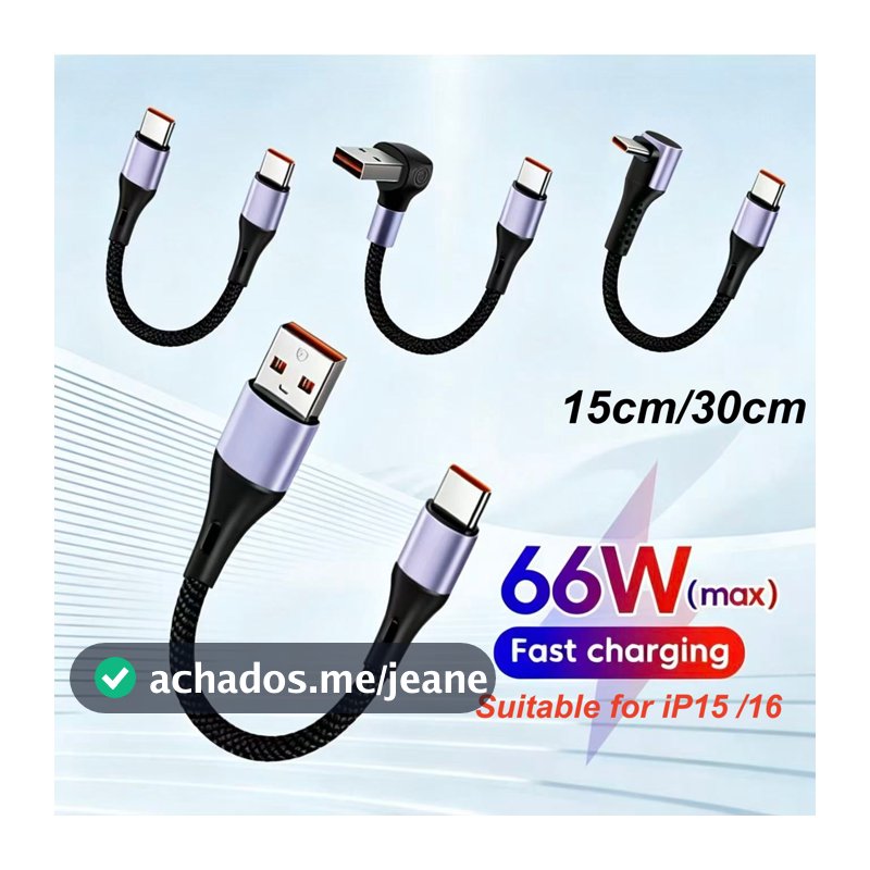 Cabo Curto Tipo C 90 Graus USB Tipo C para Tipo C 6A 66W Carregamento Rápido 15CM 30CM Power Bank Cabo USB C Para