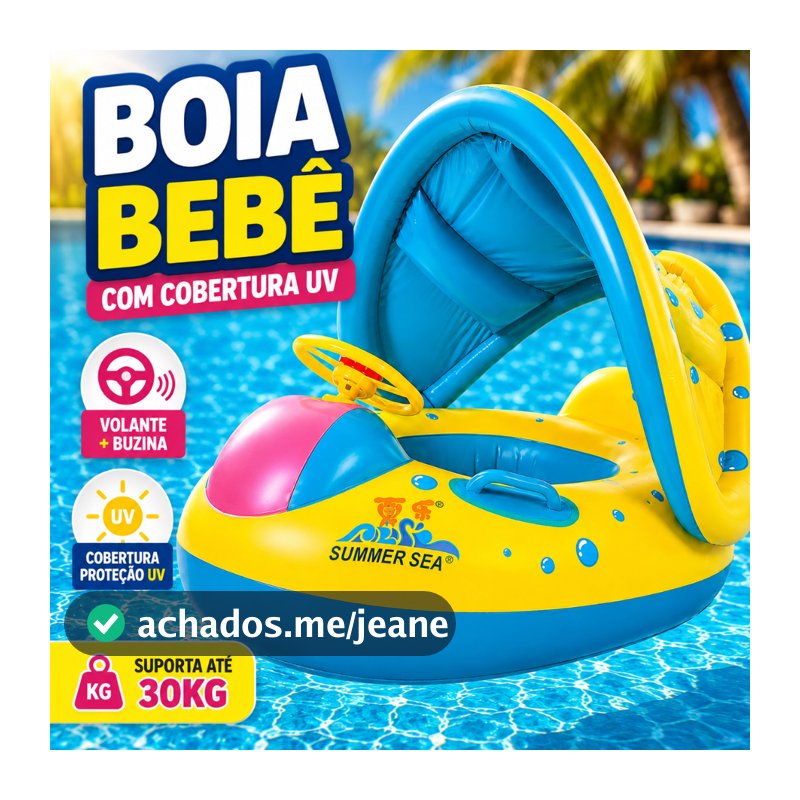 Boia Bebê Infantil com Cobertura UV para Piscina Bote Inflável Carrinho Volante Buzina Proteção Solar