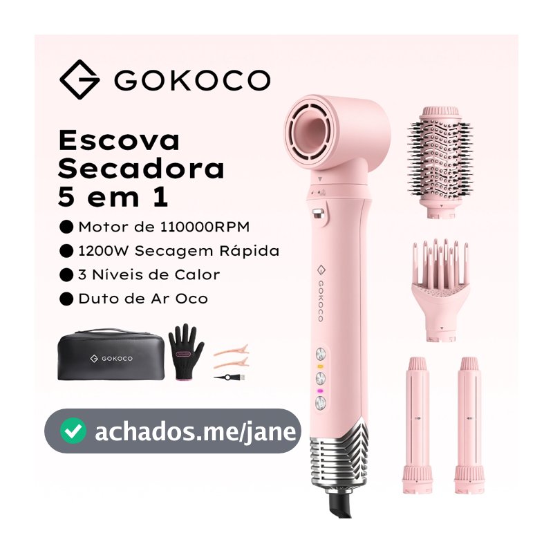 GOKOCO Escova Secadora 5 em 1 Modelador de Cabelo 1200W Bivolt 110000RPM com Íons Negativos