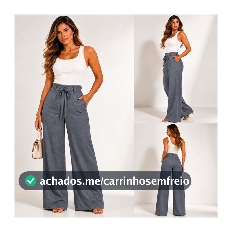 Calça Pantalona Feminina Alfaiataria Cintura Alta Wide Leg Com Bolso Social Feminina com Cordão na Cintura