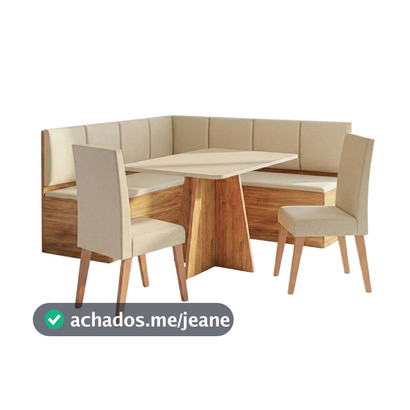 Conjunto Sala de Jantar Canto Alemão com Mesa Moove e 2 Cadeiras Linho Creme Viero