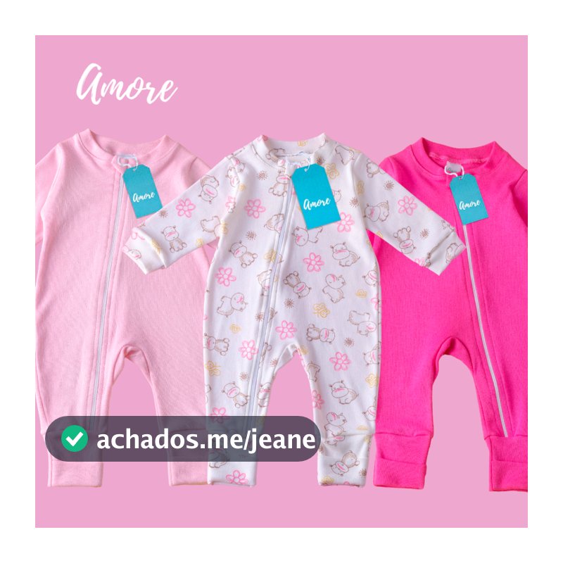 3 Macacão para Bebê Amore Vira Pé com Zíper Menina Liso e Estampado 100% Algodão