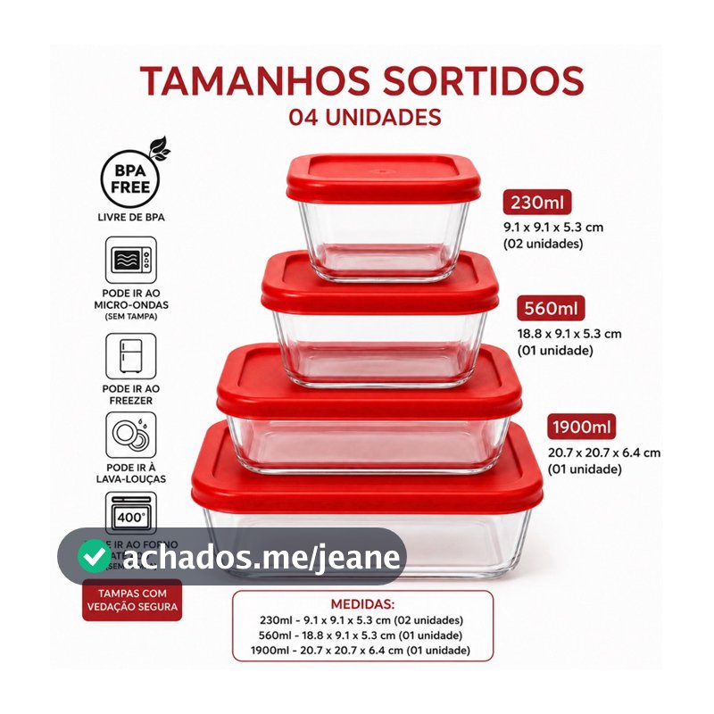 Kit 4 Travessas de Vidro com Tampa BPA Free 230ml 560ml 1900ml Vedação Segura