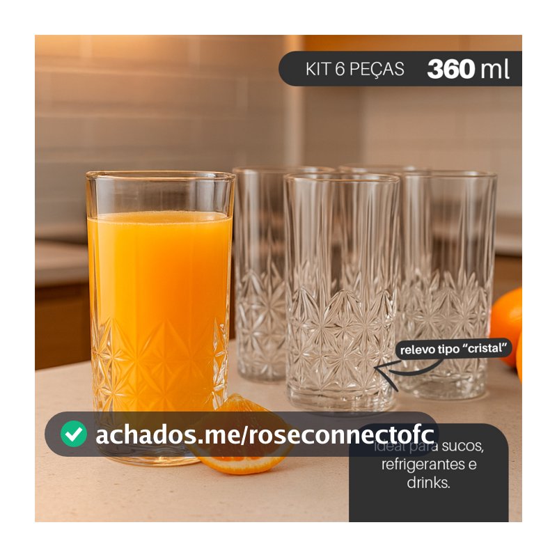 Jogo 6 Copos de Vidro Adhara 360ml – Design em Relevo Estilo Cristal