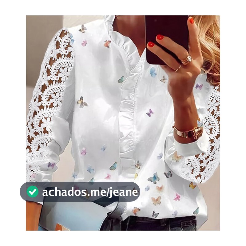 Blusa Feminina Elegante Borboleta Impressão Com Rufos E Blusas De Manga Longa De Renda Outono