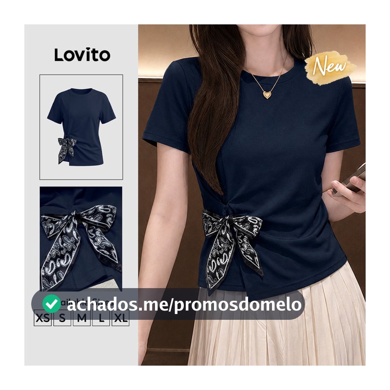 (New Arrival) Lovito Camiseta Feminina Azulescura Manga Curta Gola Redonda Com amarração Para Trabalho primavera/verão TSK10P1D832