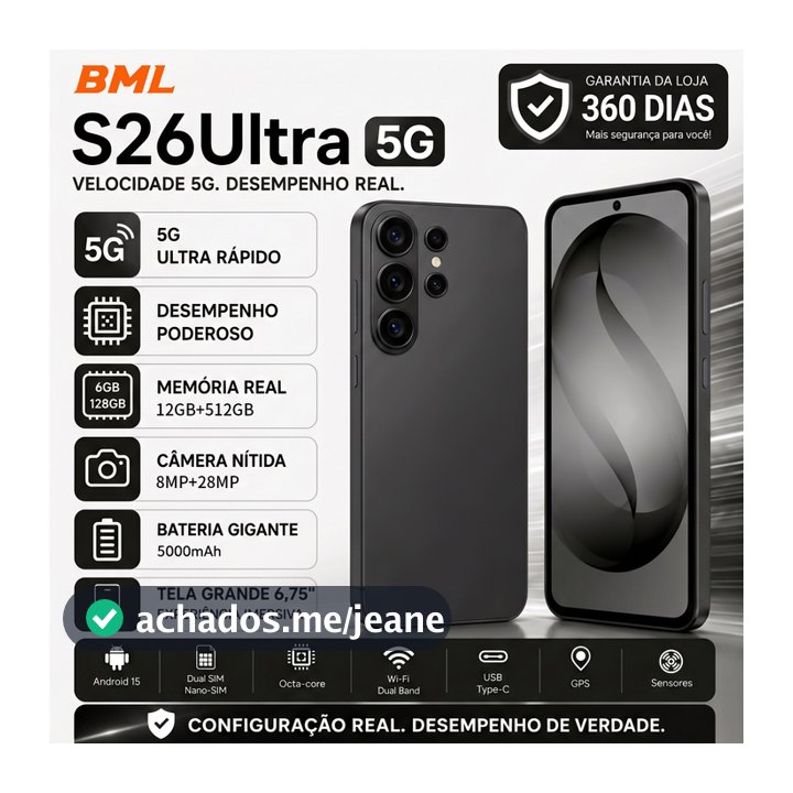 BML S26 Ultra 5G Smartphone 512GB 12GB RAM Câmera Traseira 28MP + Frontal 8MP Tela 6.75" Dual SIM