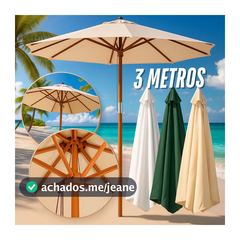 Guarda Sol Ombrelone 3 Metros Madeira Gigante Praia Piscina Jardim Sombreiro Bege Verde Branco