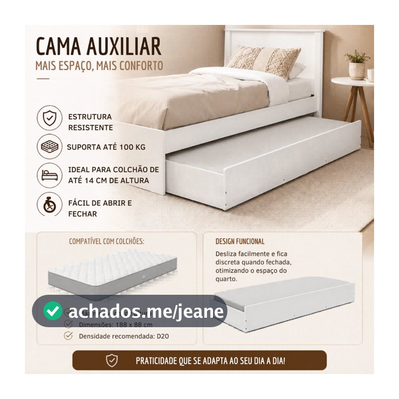 Bicama Solteiro com Cabeceira e Cama Auxiliar Barcelona com 2 Colchões D20 88x188 MDF