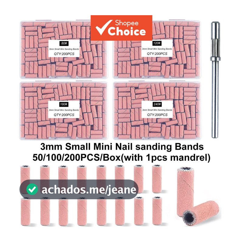 Kit com 50/100/200 unidades de faixas de lixa para unhas com 1 mandril mini 3 mm, 80/120/180/240 grãos; brocas de