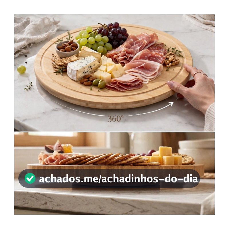 Petisqueira Giratória Bambu Tábua Frios Bandeja Petiscos Mesa Posta Café da Manhã 360 Decoração