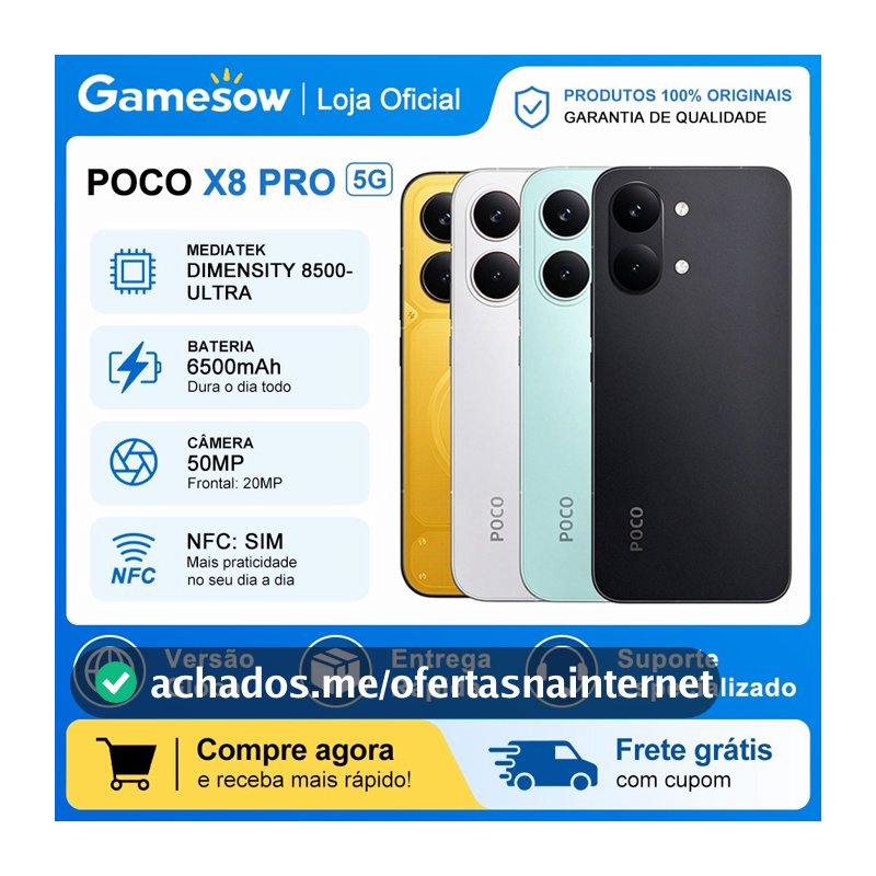 Xiaomi Poco X8 PRO 5G, Versão Global, MediaTek Dimensity 8500-Ultra, Bateria 6500mAh, Câmera 50MP