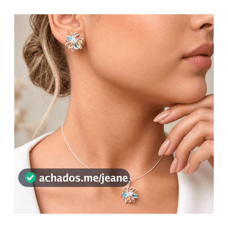 Conjunto Feminino Brinco e Colar Flor Colorida com Zircônias