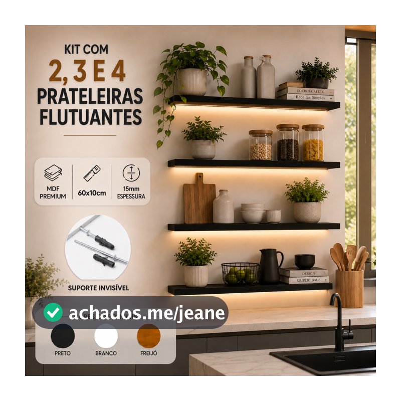 Kit 2 3 4 Prateleiras Flutuantes MDF 60x10 Suporte Invisível Nicho Decorativo Sala Quarto Cozinha Escritório