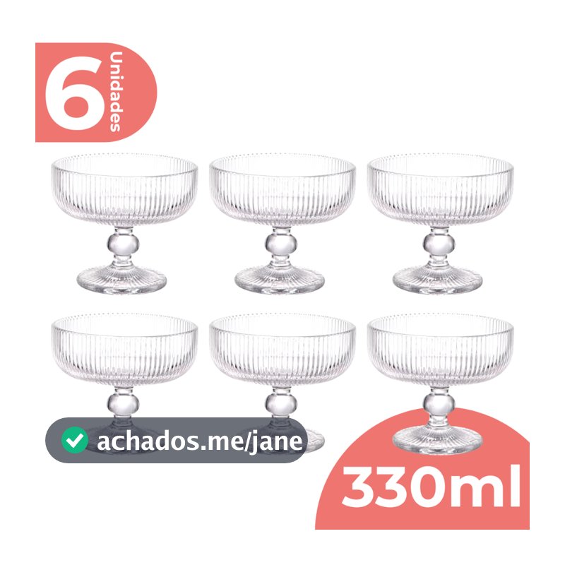 Jogo 6 Taça Sobremesa Vidro Sorvete Açai 330ml Canelado Luxo