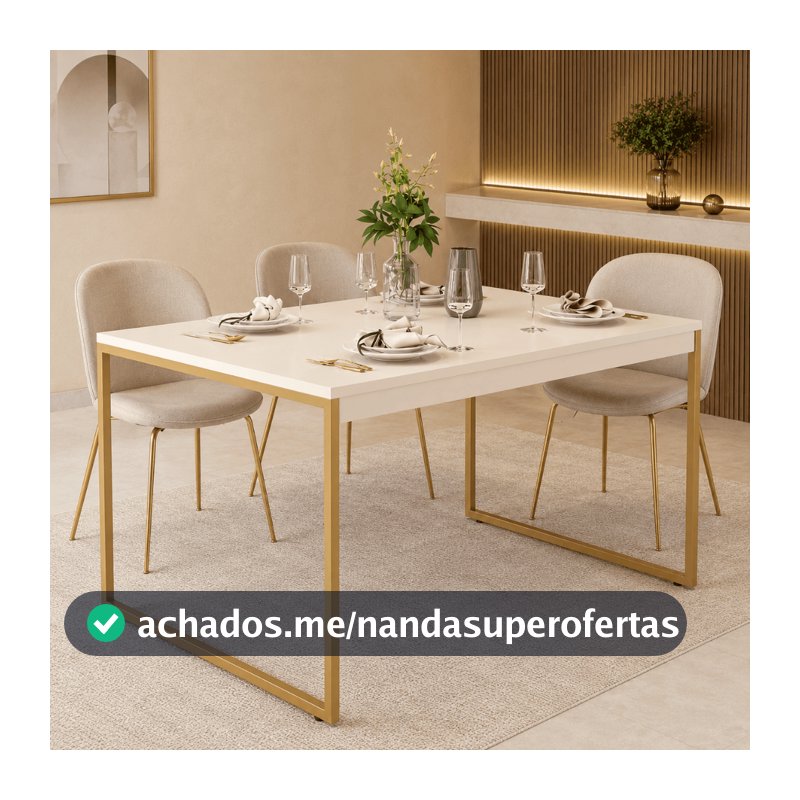 Mesa De Jantar Mérito 105x75cm Mdp Industrial Pés Dourado Off White Dourado