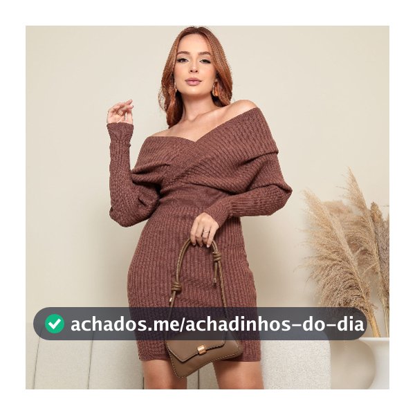 Vestido Midi Manga Longa Canelado Gola Transpassada Ombro Caido Decote Moderno Elegante