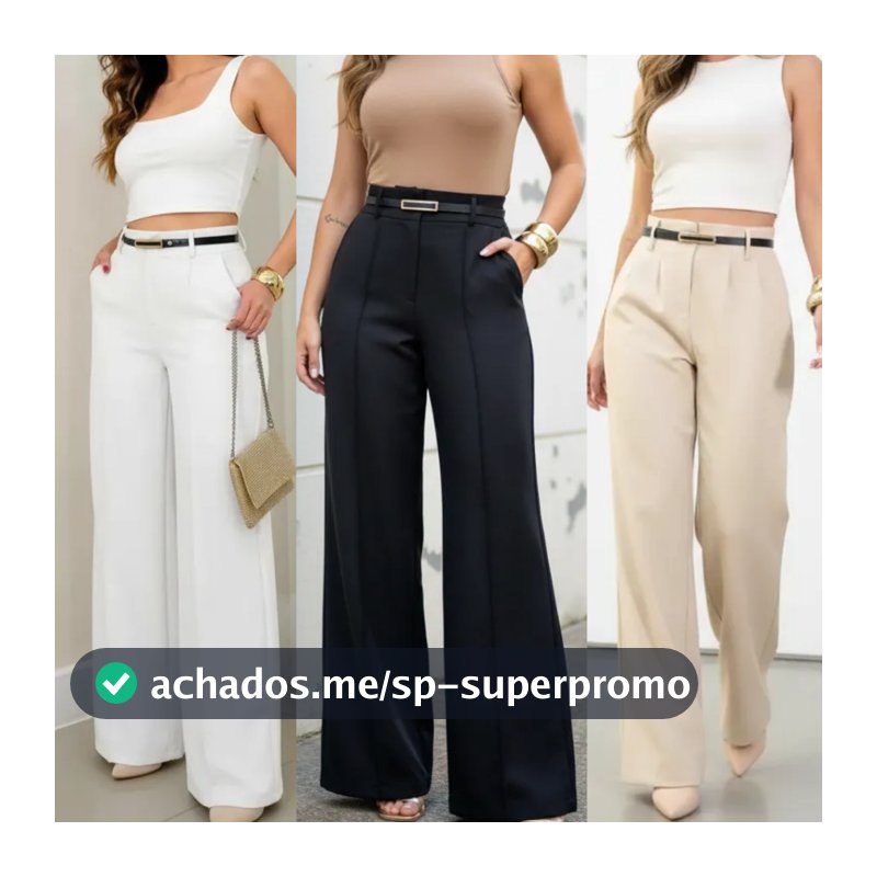 Calça Pantalona Alfaiataria Feminina Cintura Alta com Cinto Zíper Lateral Flare Social Bolsos