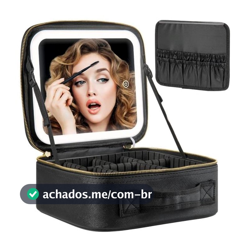 Maleta de Maquiagem Necessaire de Couro Com Espelho e Luz LED Recarregável Profissional