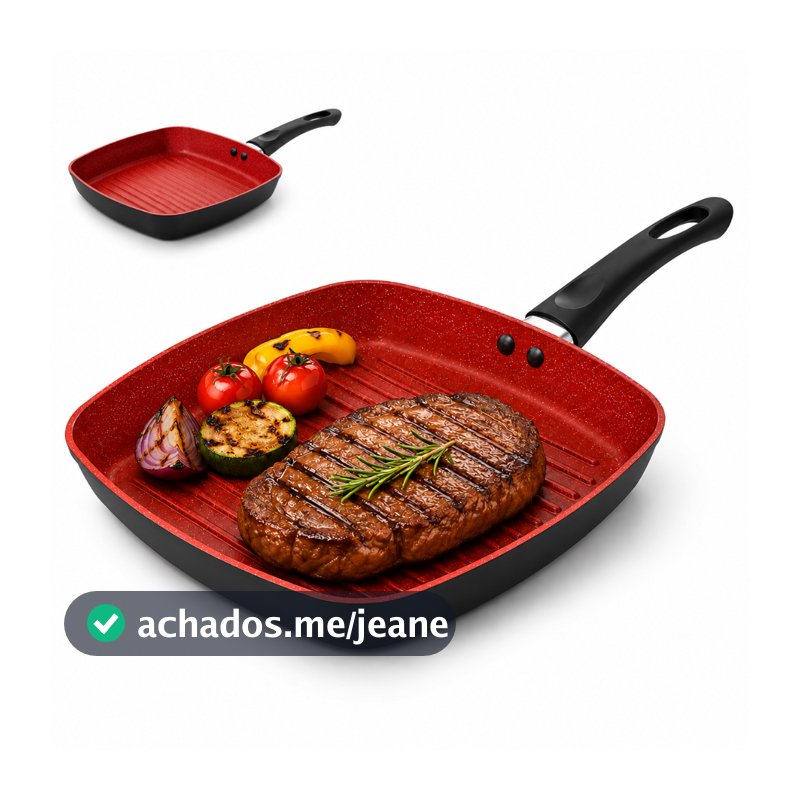 Bistequeira Antiaderente Cerâmica 24cm Frigideira Grill Quadrada Indução e Gás Vermelha Lyor