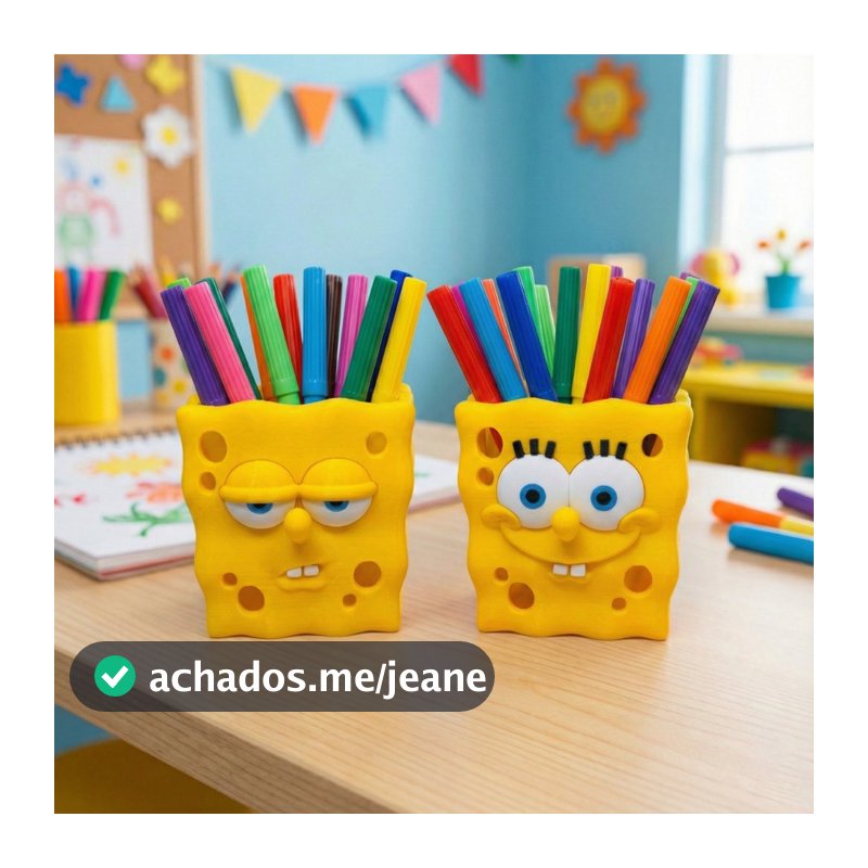 Porta Lápis /Porta Canetas / Treco Bob Esponja 3D/2 Faces (Feliz e Sério) /Organizador de Mesa Geek