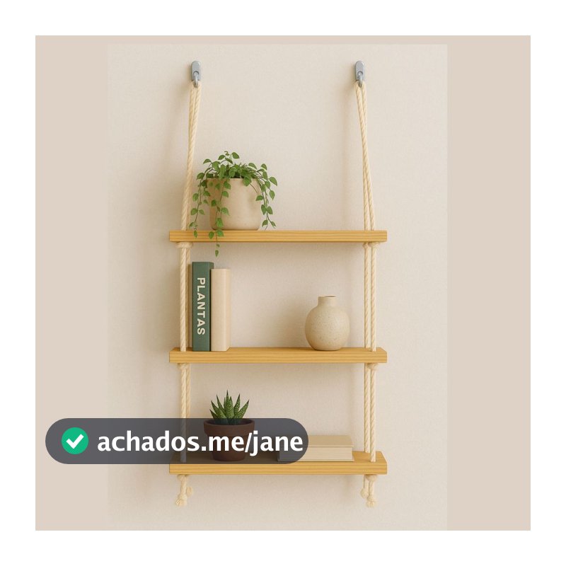 Prateleira de Madeira Suspensa com Cordas Nicho Decorativo